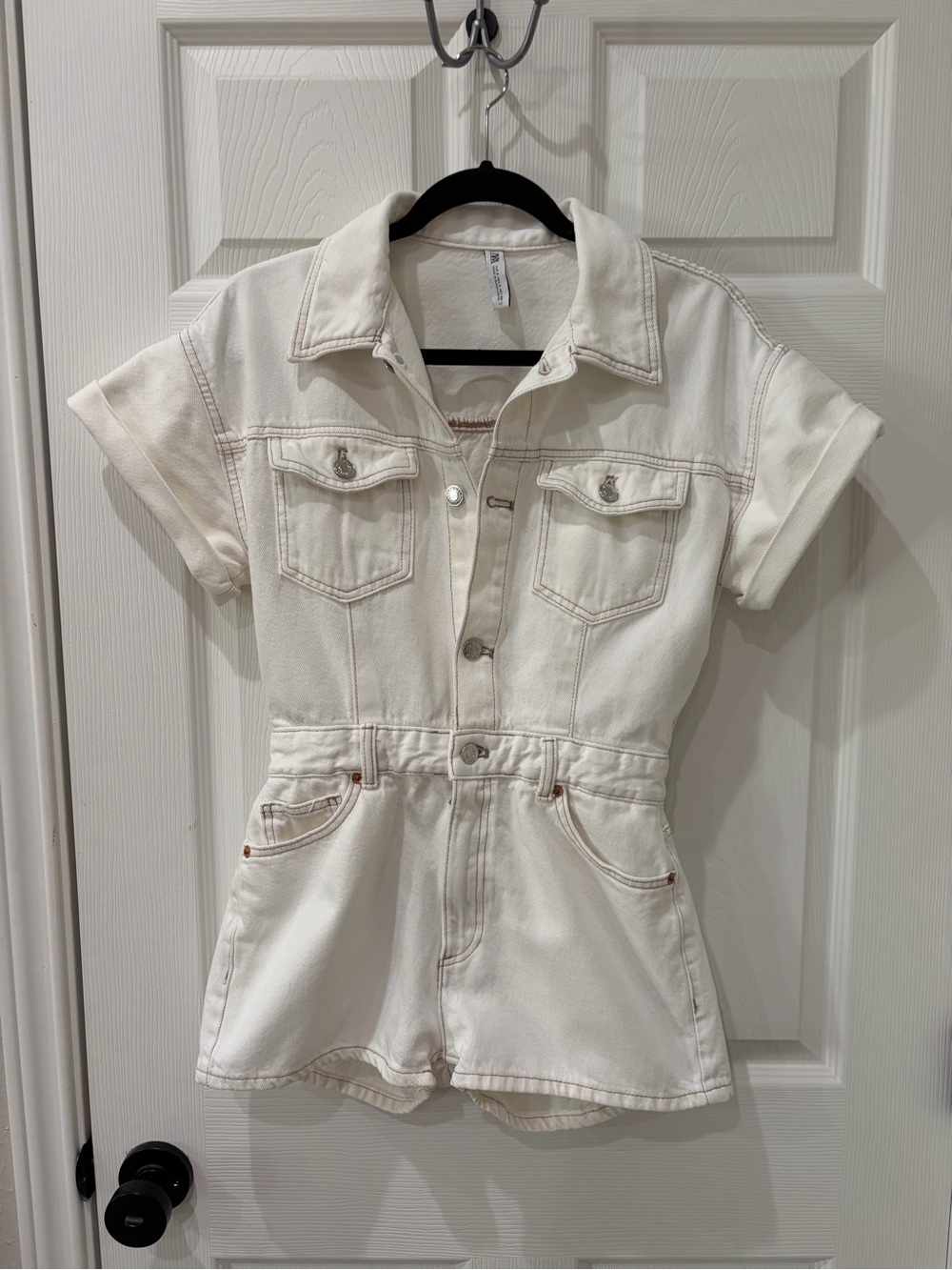 Zara White Short-Sleeve Denim Romper - Size Small